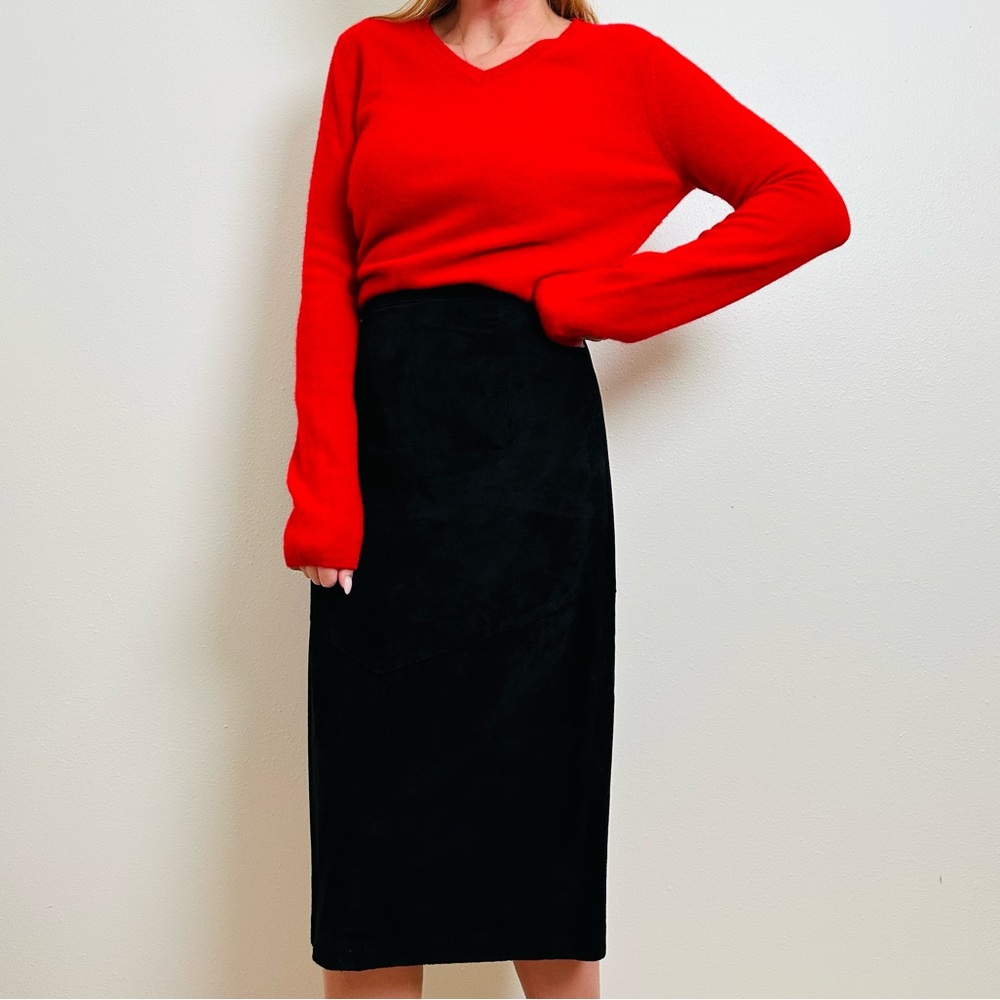 Lord & Taylor 100% Silky Pig Suede Chic Black Midi Pencil Skirt